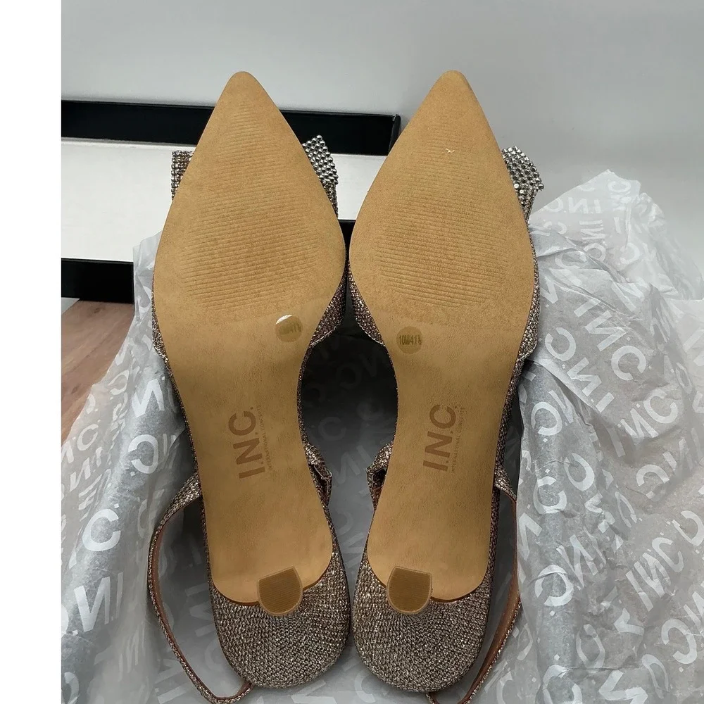 INC International Concepts Women Rhinestone Bow Slingback Metallic Pumps Gold